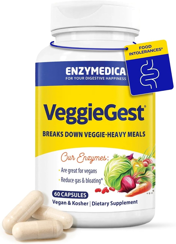 Enzymedica, VeggieGest, Digestive Enzymes, Podpora Príležitostná úľava plynu a kvitnutia od Vegan & Vegetarian Diets, Enzyme Blend pre tráviace zdravie, 60 Počet