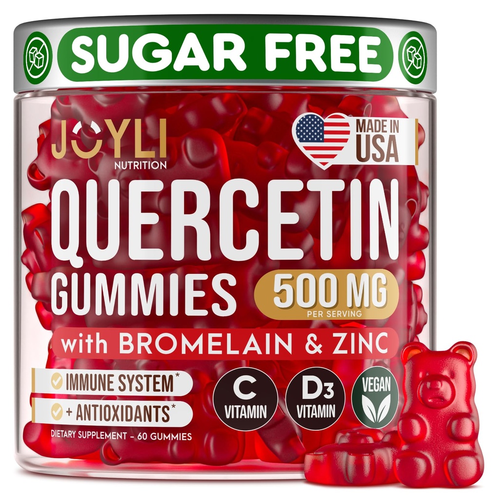 JOYLI Quercetin Gummies - Quercetin s hypromelínom Zinok Vitamín C a vitamín D3 - Quercetin Supplement 500MG pre imunitný systém a alergiu - Quercetin pre deti a dospelých - 60 Quercetin Chewable