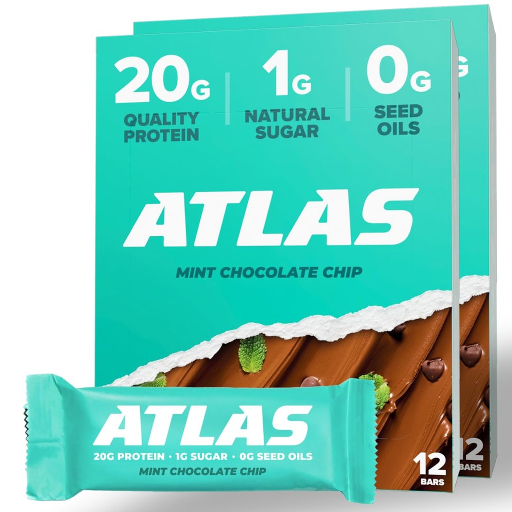 Atlas Protein Bar, 20g Protein, 1g Cukor, Čisté zložky, bezlepok, Mätová čokoláda Chip (12 Počet, Balenie 2)