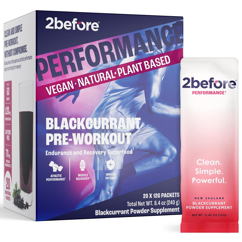 2Pred Blackcurrant I All Natural Vegan Pre Cvičenie, kofeín zadarmo I čistá energia, vytrvalosť, zotavenie som pred tréningom Ženy a muži I 20 x Jednotlivé pakety som Informoval Sports Certified