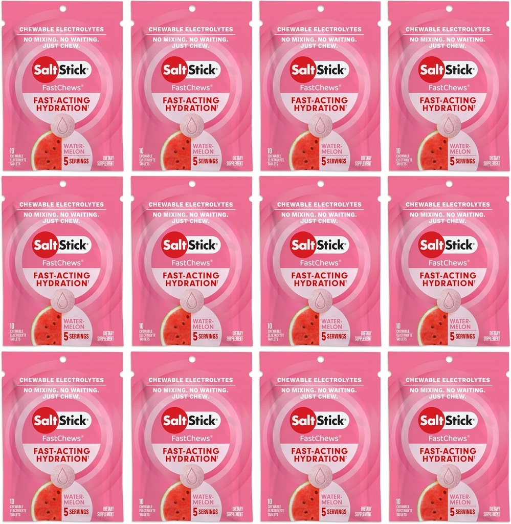 SaltStick Electrolyte FastChews - 120 gróf Watermelon Flavor - Electrolyte Tablety na hydratáciu, Salt Tabs - 10 grófov (Pack of 12)