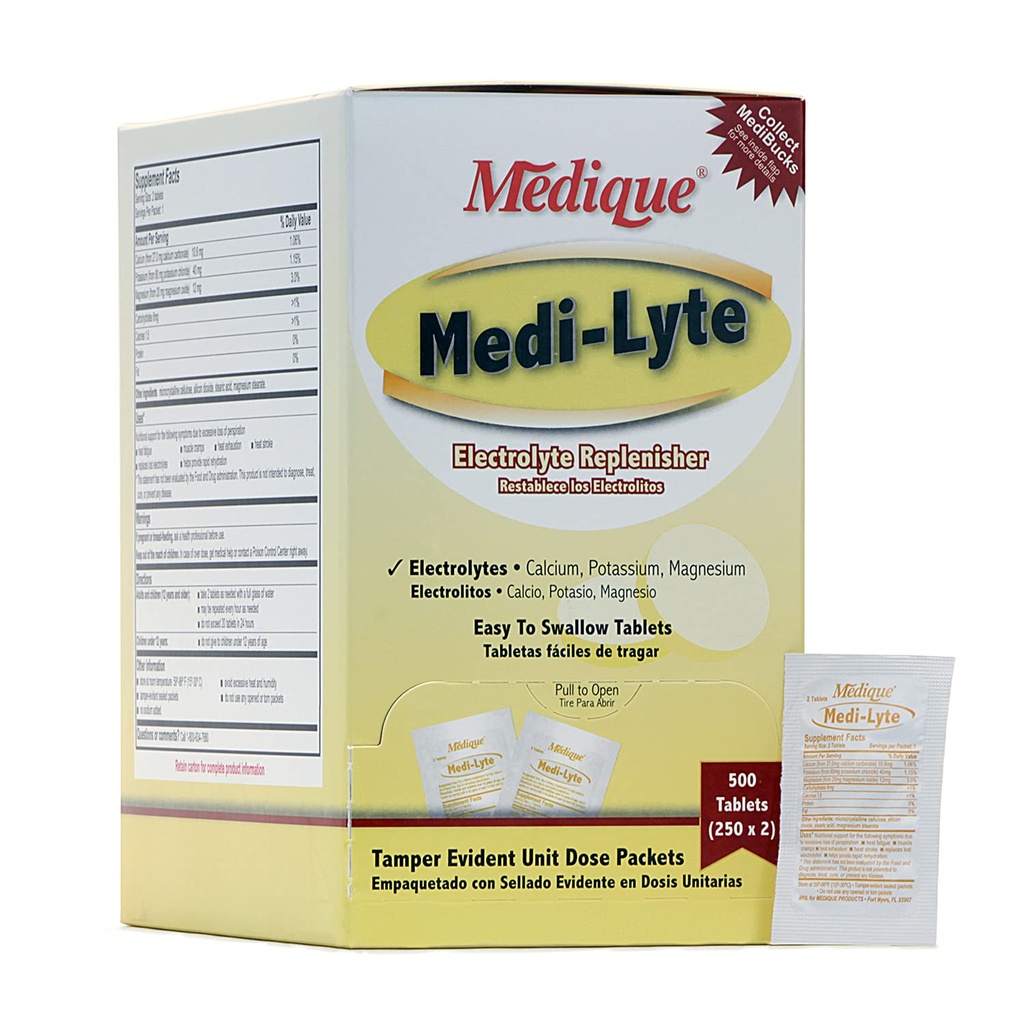 Medique Medi-Lyte Electrolyte Replenisher, Rýchla úľava od tepla, Stres, Únava, a svalové prebíjanie, ľahko prehltnúť tablety, 500 tabliet (250 x 2)