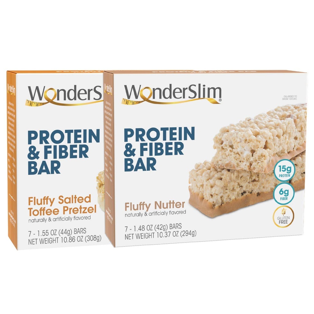 WonderSlim Protein and Fiber Bar Bundle, Fluffy Saled Toffee Praczel & Fluffy Nutter
