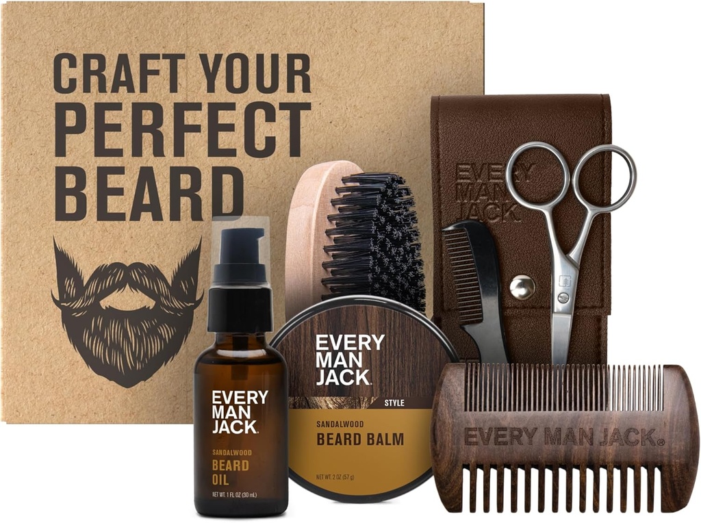 Každý muž Jack Brad grooming Súprava pre mužov - Zahŕňa Sandalwood Beard Oil a Brada Balm, Brada Brusič, Drevené obojstranné Comb, Trimming Nožnice a fúzy Comb