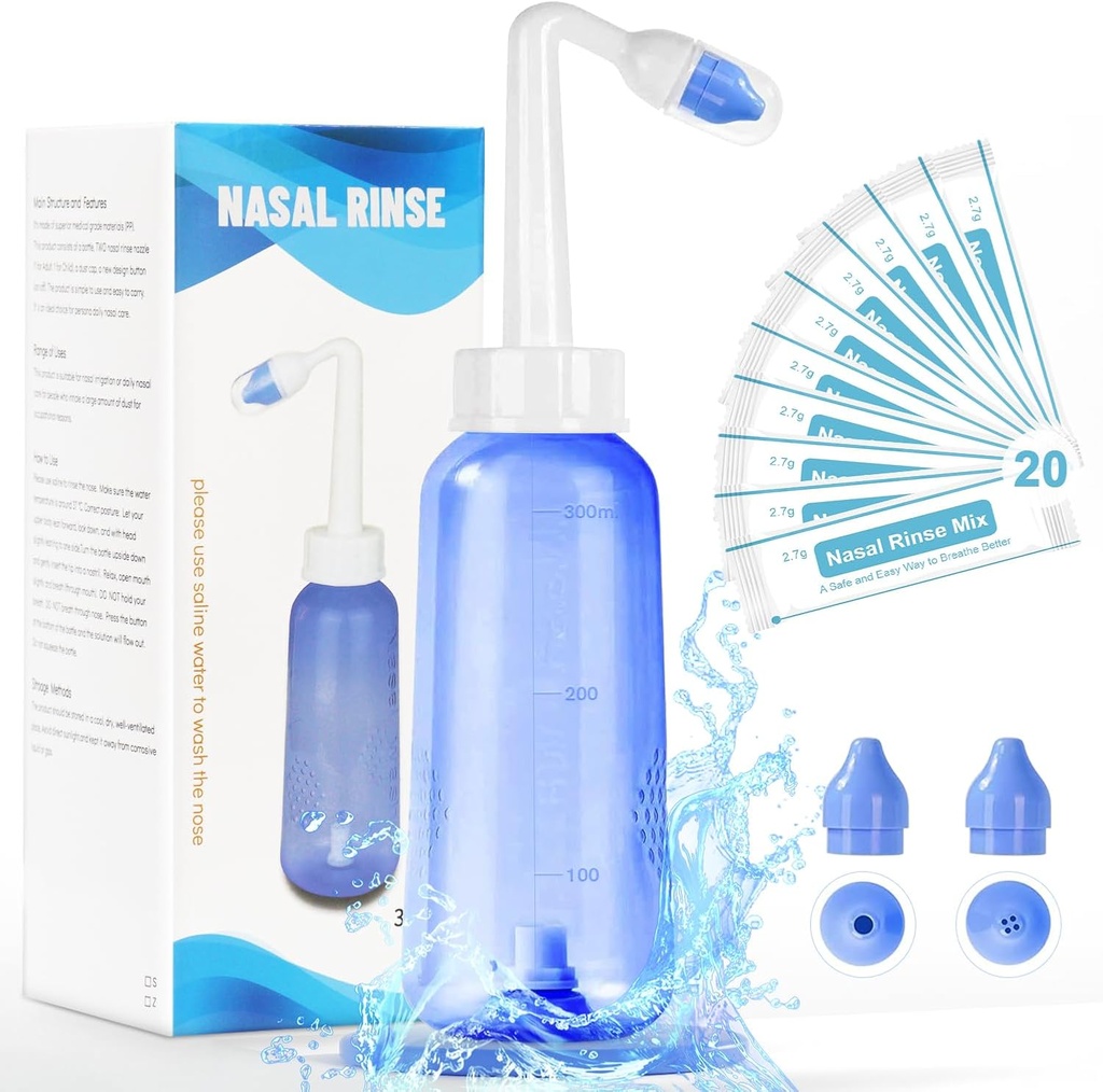 Neti Pot Sinus Rinse fľaša - jemný nosné umývacie fľaše Nosový čistiaci prostriedok pre účinný tlak Irigatio 300 ML s 20 Nosové umývanie soľné balíčky