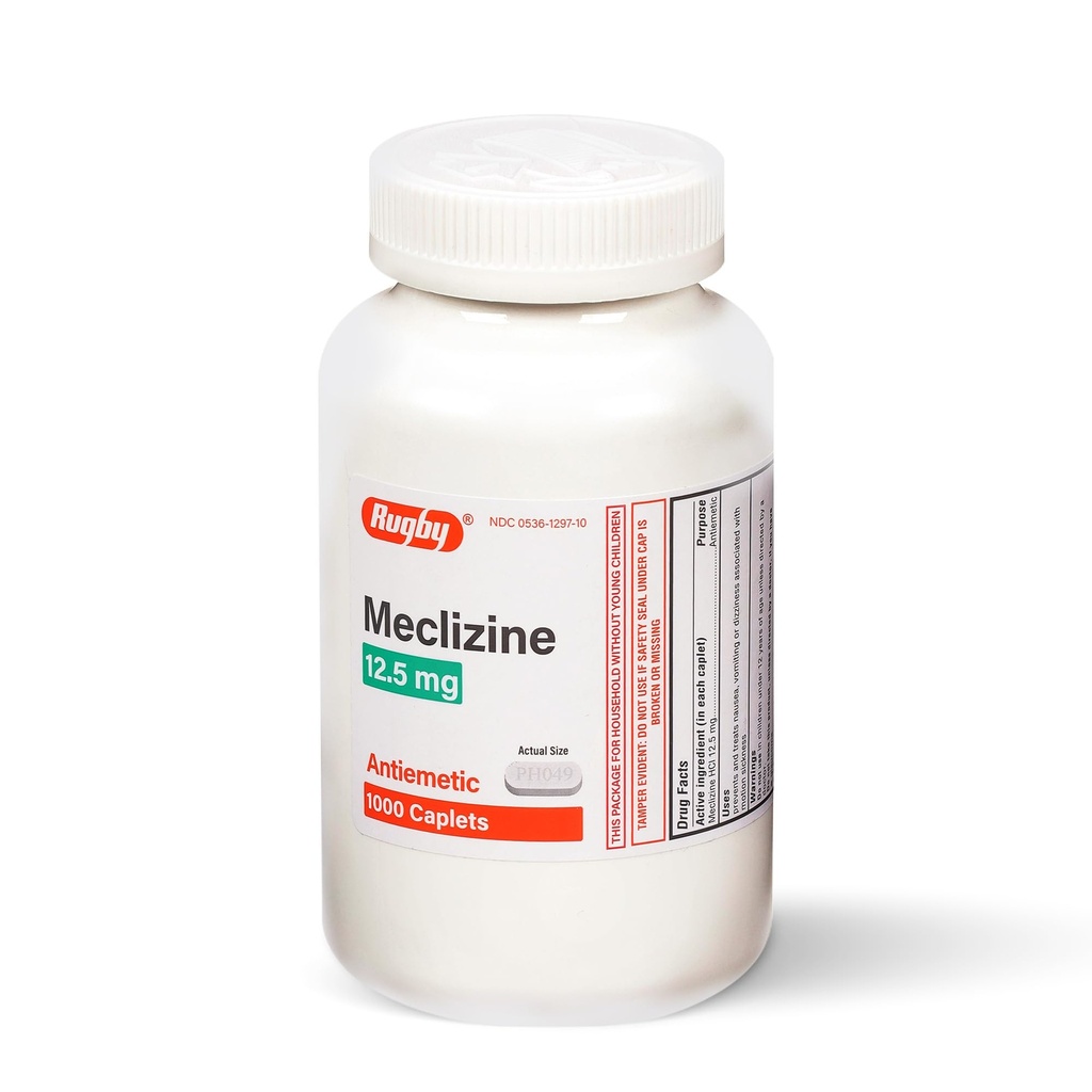 Rugby Meclizine 12,5 mg Antiemetické kaplety pre symptómy súvisiace s pohybom Choroby a Cestovné potreby, 1000 Caplets