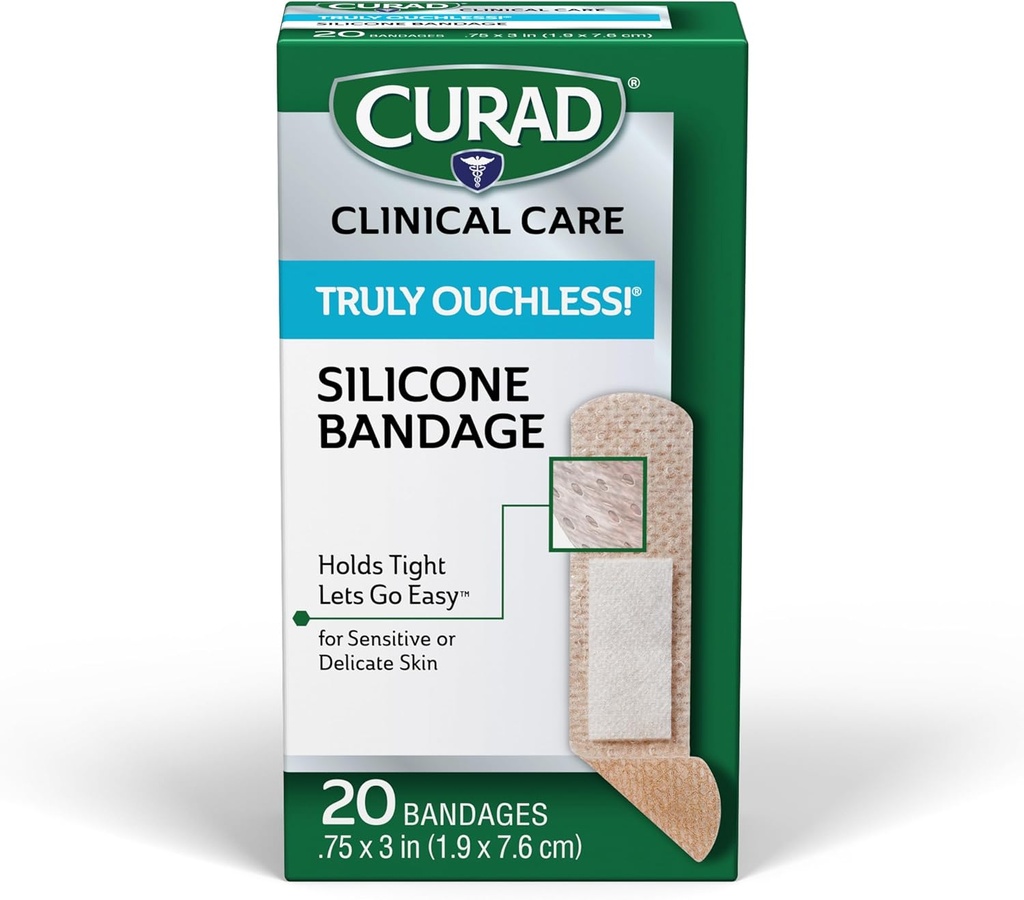 CURAD naozaj ouchless!® Silikónové pásy, .75" x 3," pre citlivé alebo delikátne kože, flexibilné tkaniny, chráni šroty, rezy a popáleniny, 20 gróf