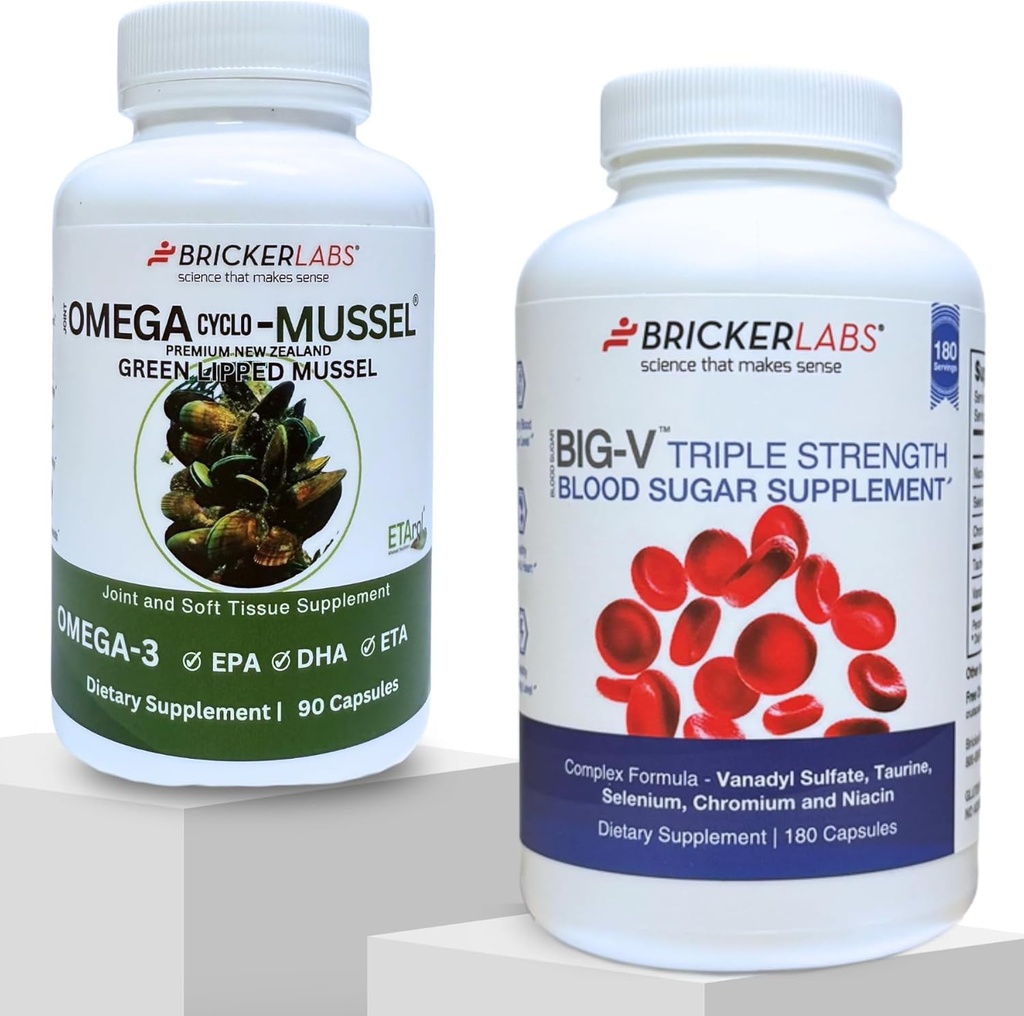 Bricker Labs Joint Comfort and Sugar Balance | Omega Cyclo Mussel for Joint Health + Big-V Triple Strength Vanadyl for Blood Sugar Support