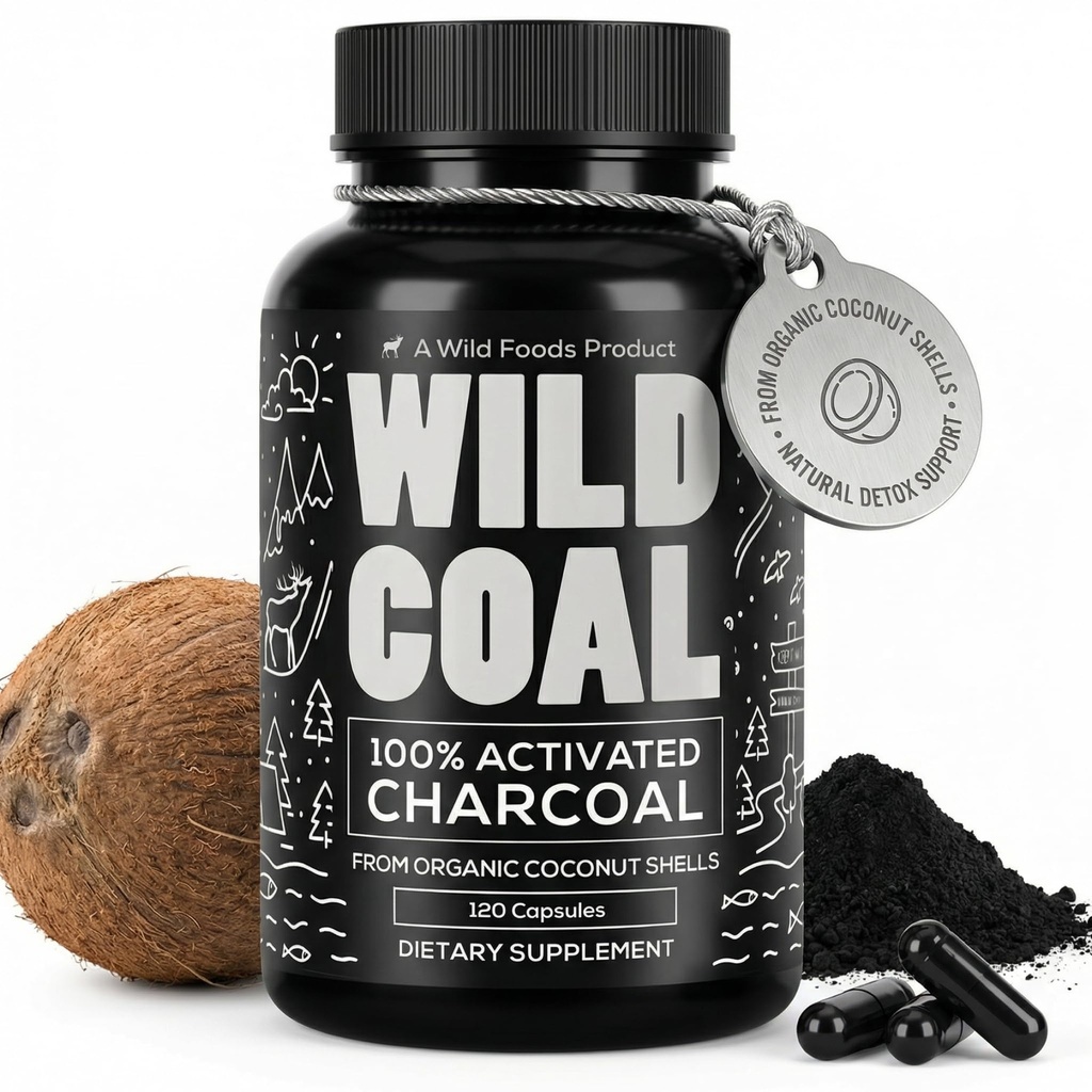 Wild Foods Aktivované Charcoal Kapsule 100% Organic Coconut Shells Active Tablets for Bloating & Hangover 