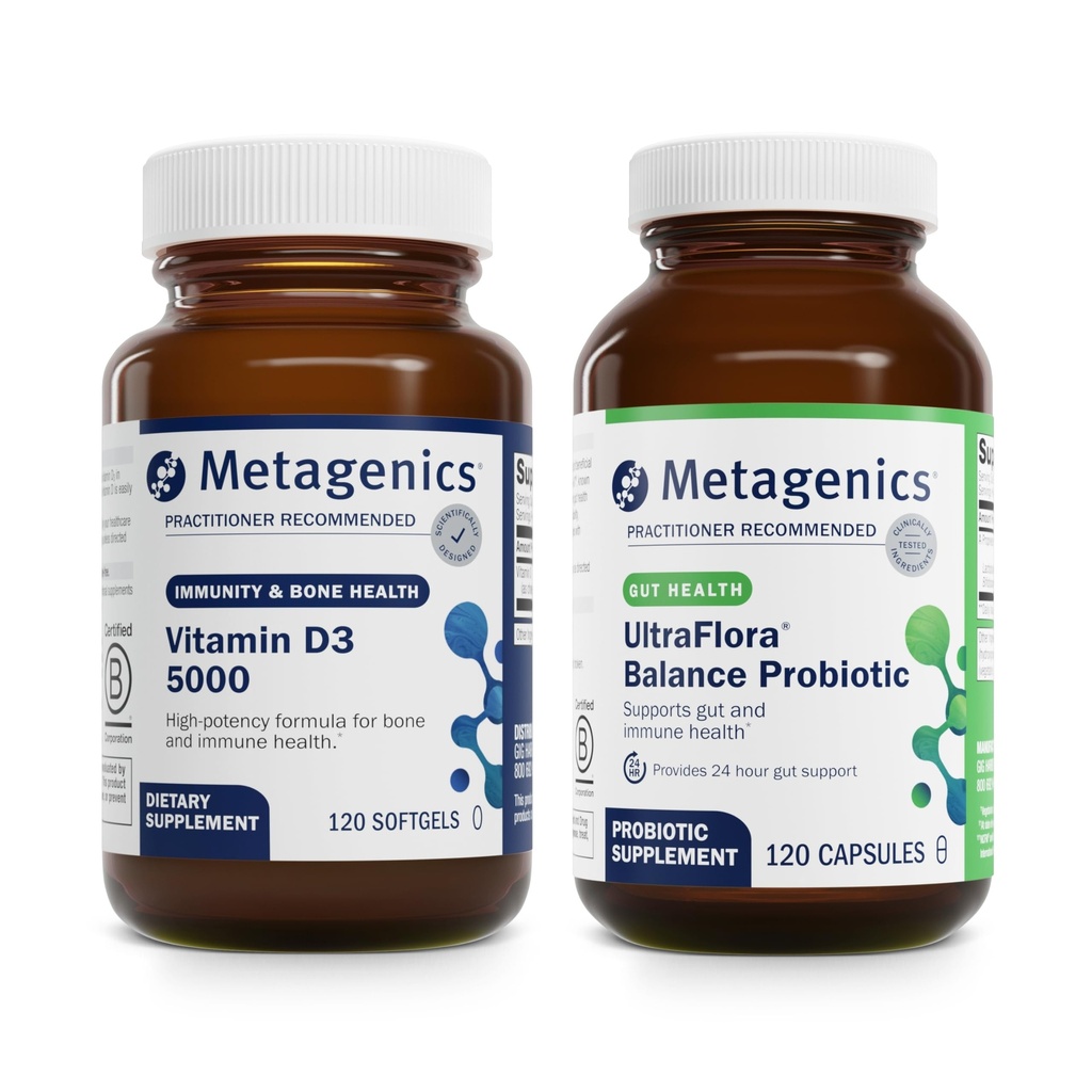 Metagenics Bundle - D3 5000 & UltraFlora Balance - 120 Softgels of D3 5000 pre Immune Support, Bone Health & Heart Health - 120 Kapsule UltraFlora Balance od Digestive Health