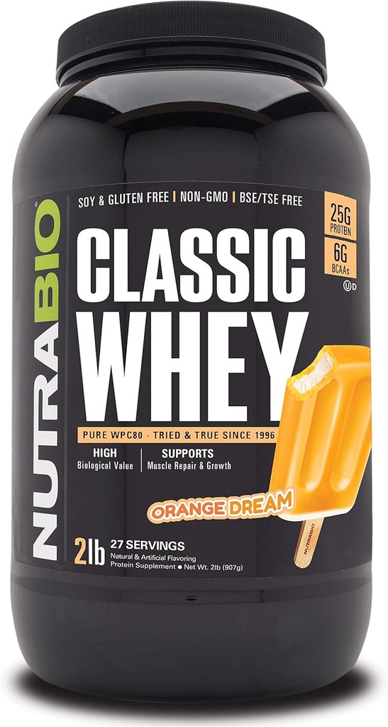 NutraBio Classic Srvátka Proteín prášok- 25G proteínu per scoop - Full-Spectrum Amino Acid Profile - žiadne výplne, umelé farby, konzervačné látky - Oranžový sen, 2 libry
