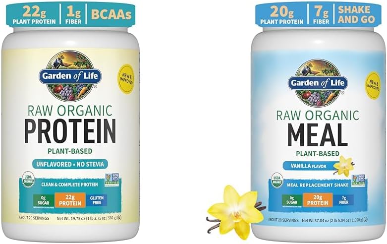 Záhrada života Organický Vegan Neochutený Proteín Powder 22g Kompletná rastlina na báze surového proteínu a vegánskeho proteínu Powder - Raw Organic Meal Replacement Shakes - Vanilla - Pea Protein