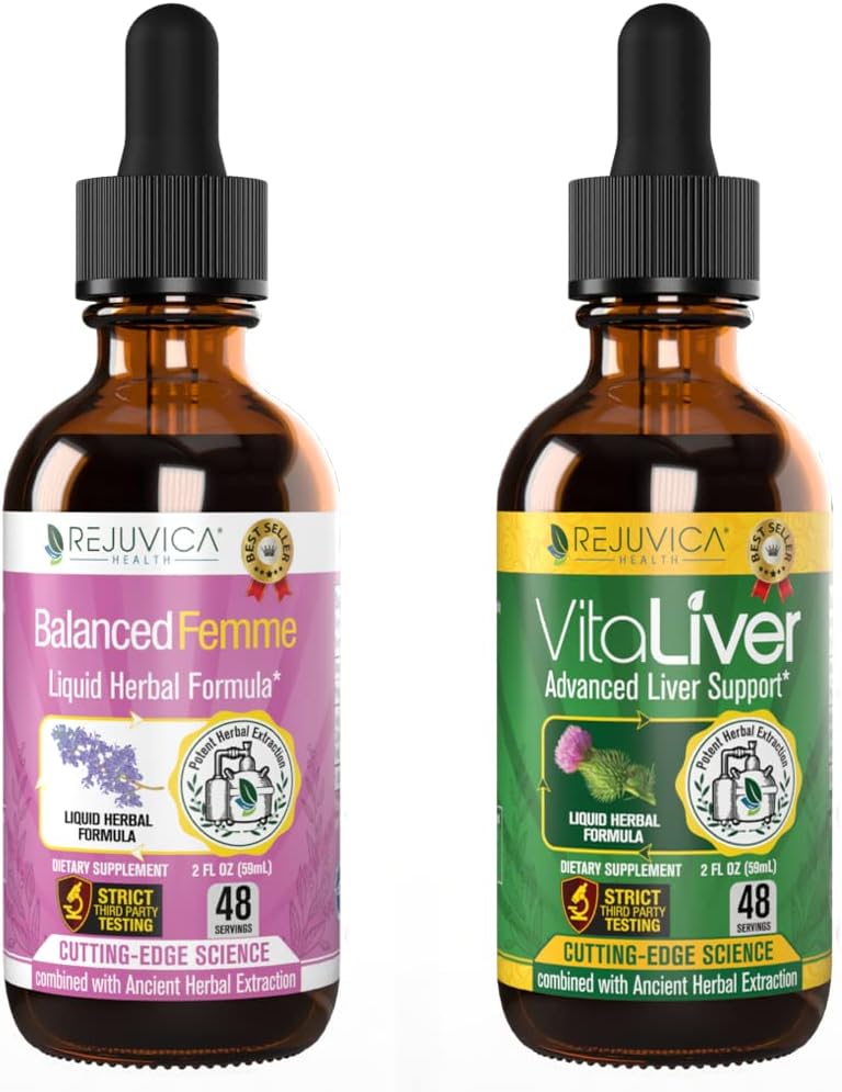 Rejuvica Zdravie Balanced Femme + VitaLiver - Podpora Žena Balance + Pečeň Podpora- Tekutina dodávky pre lepšiu absorpciu - Mlieko Thitle, Dong Quai, Artičok, Maca, Púpava a ďalšie!