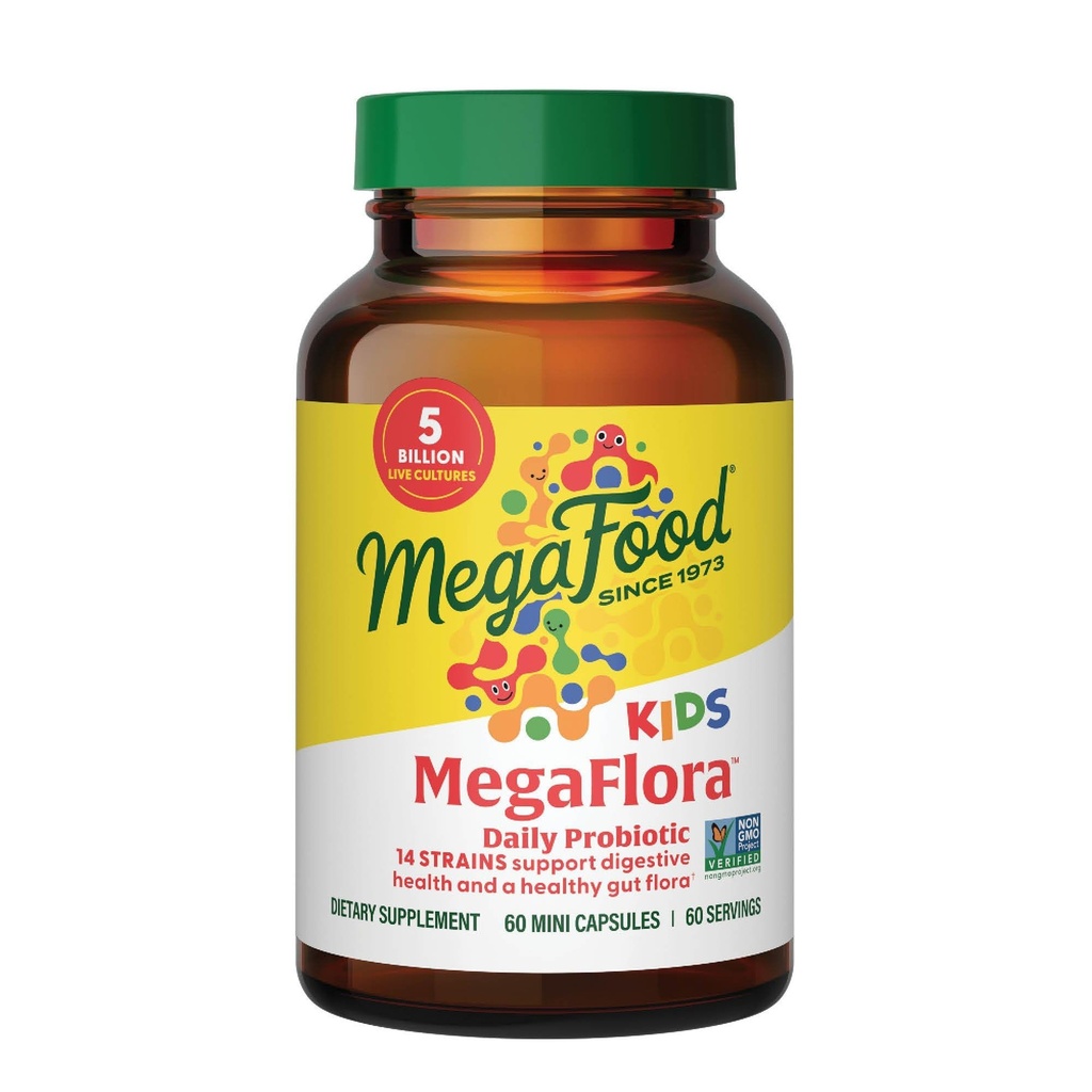MegaFlora Deti Probiotiká - 5 miliárd CFU - Non-GMO, Vegetarián, Made Without 9 Food Allergens, Probiotiká pre Tráviace zdravie- 60 Mini kapsule (60 Servings)