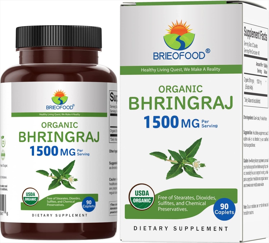 Brieofood Organic Bhringraj 1500mg, 45 Servings, Vegetarian, Gluten Free, 90 Vegetarian Tablets
