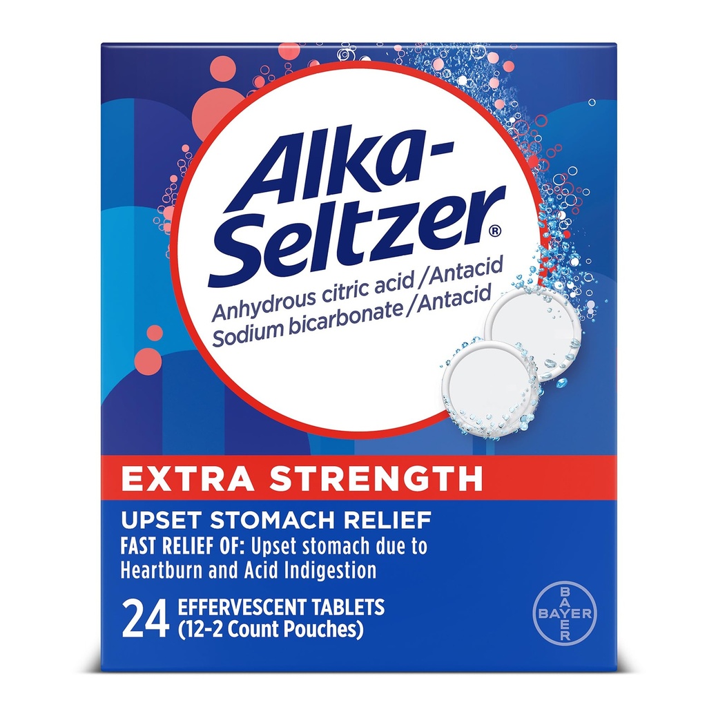Alka-Seltzer Extra sila Pálenie záhy Relief Šumivé antacidá Tablety s rýchlym zažívaním, 24 Ct