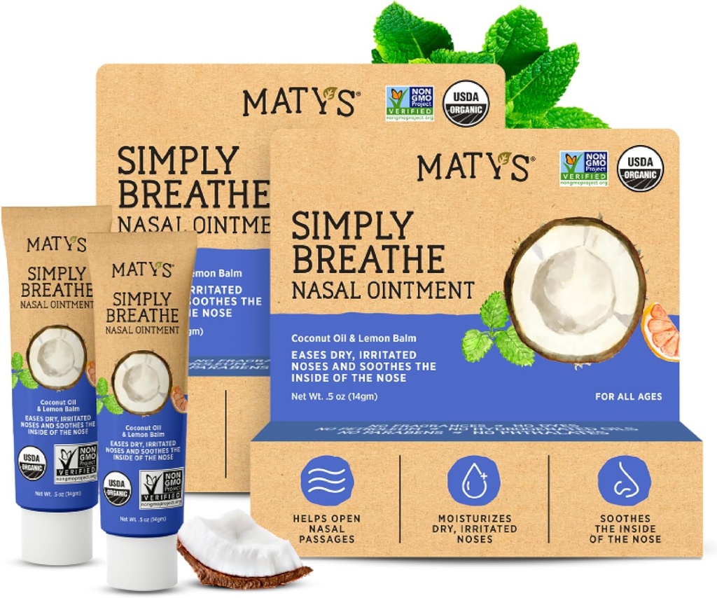 Matys Organic Simply Breath Nosal Masť pre suché nosy a nosné dierky Vzhľadom k alergiám, Nosové bubliny, CPAP & Oxygen Device Irritation, Čistá saline alternatíva pre dospelých a deti, 2 balenia, 0.5 oz Každý