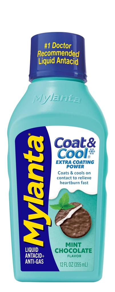 Mylanta Pálenie záhy a relaxácia plynu, Tekuté antacidum, Coat & Cool Formula, Mincovňa čokoládová príchuť, 12 Fl Oz