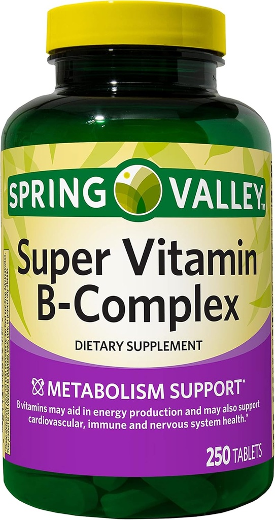 Augu Spring Valley Super vitamín B-komplex, metabolická podpora, tablety diétne doplnok, 250 Počet