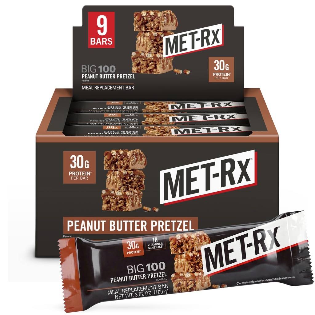 MET-Rx Big 100 Kolosálne proteínové tyčinky, veľké ako zdravá náhrada jedla, Snack, a pomocná podpora energie, Arašidové maslo praclík, s vitamínom A, vitamín C, a zinok, 100 g, (Pack of 9)
