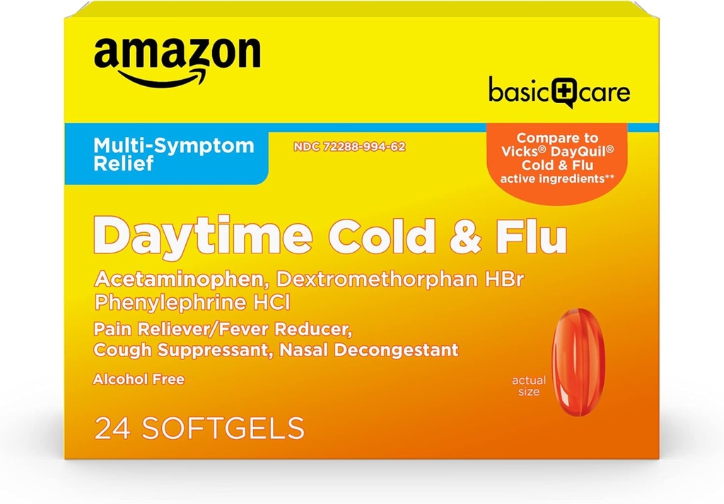 Amazon Basic Care Daytime Cold and Flu Relief Softgels, Non-Drowsy Cold Medicine, Relief of Pain, Fever, Cough, Sore Throat, Nosal Congestion, 24 gróf