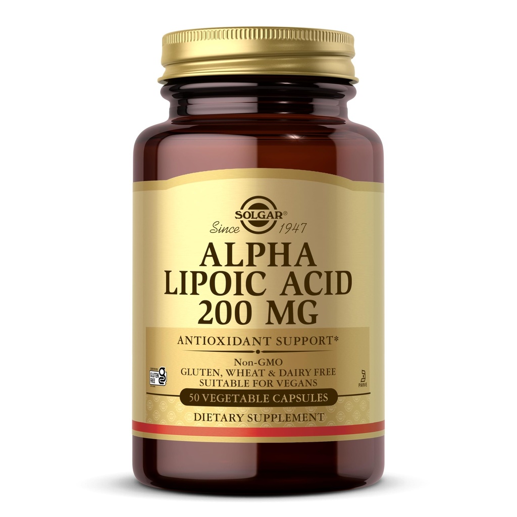 Solgar Alpha Lipoic Acid 200 mg, 50 Rastlinné kapsuly - Antioxidačná podpora - Pomáha recyklovať Glutatión, vitamín C & E, CoQ-10 - Non-GMO, Vegan, Gluten Free, Dairy Free, Kosher - 50 Servings