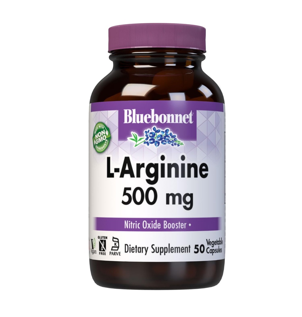 Bluebonnet Nutrition L-arginín 500mg, Free-Form Amino Acid, Nitric Oxide Precursor, Soy-Free, Gluten-Free, Non-GMO, Košer Certified, 50 Rastlinné kapsule, 50 Servings