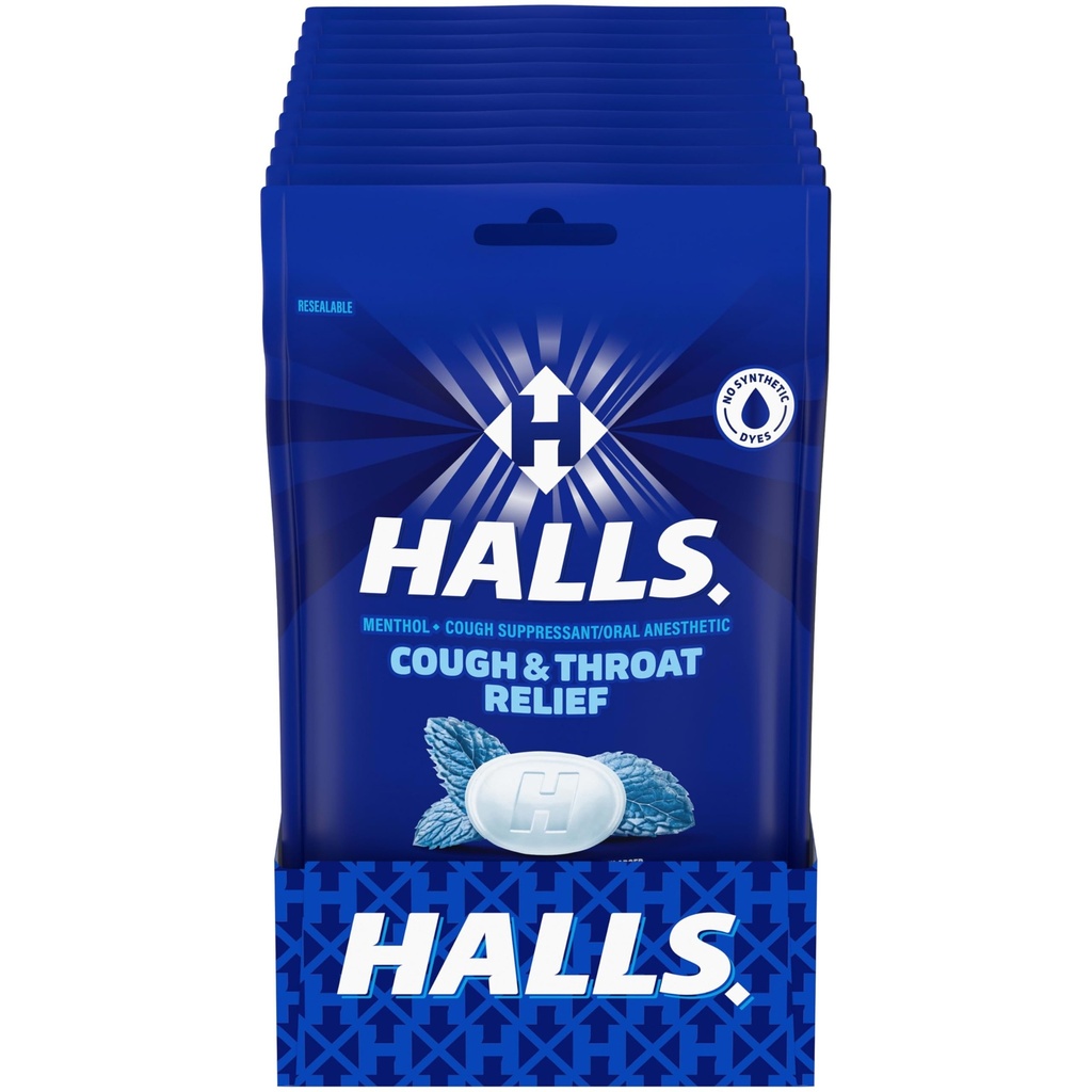 HALLS Cough and Throat Relief Mentho-Lyptus Cough Drops, 12 vreciek 30 (360 celkových kvapiek)