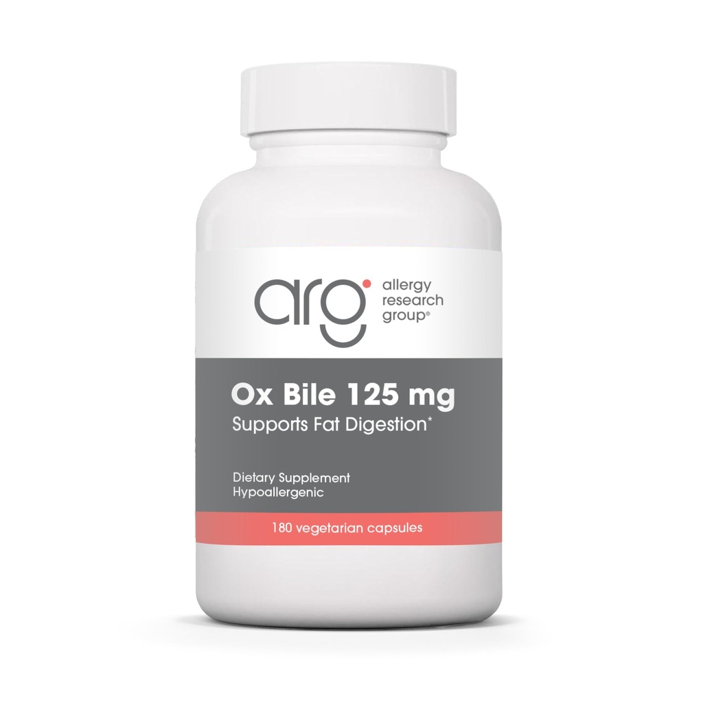 Alergický výskum Group Ox Bile 125 mg - Ox Bile Doplnky pre žlčník, Tráviace enzýmy pre pečeň, Fat Tráviaca podpora, pre mužov a ženy, Hypoalergénna formula - 180 Vegicaps