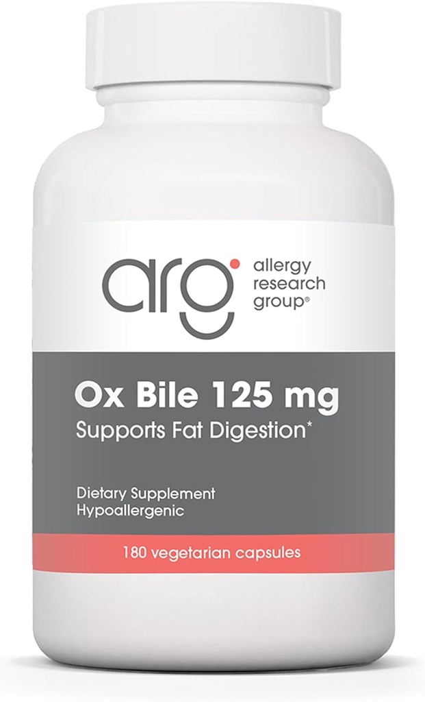Alergický výskum Group Ox Bile 125 mg - Ox Bile Doplnky pre žlčník, Tráviace enzýmy pre pečeň, Fat Tráviaca podpora, pre mužov a ženy, Hypoalergénna formula - 180 Vegicaps