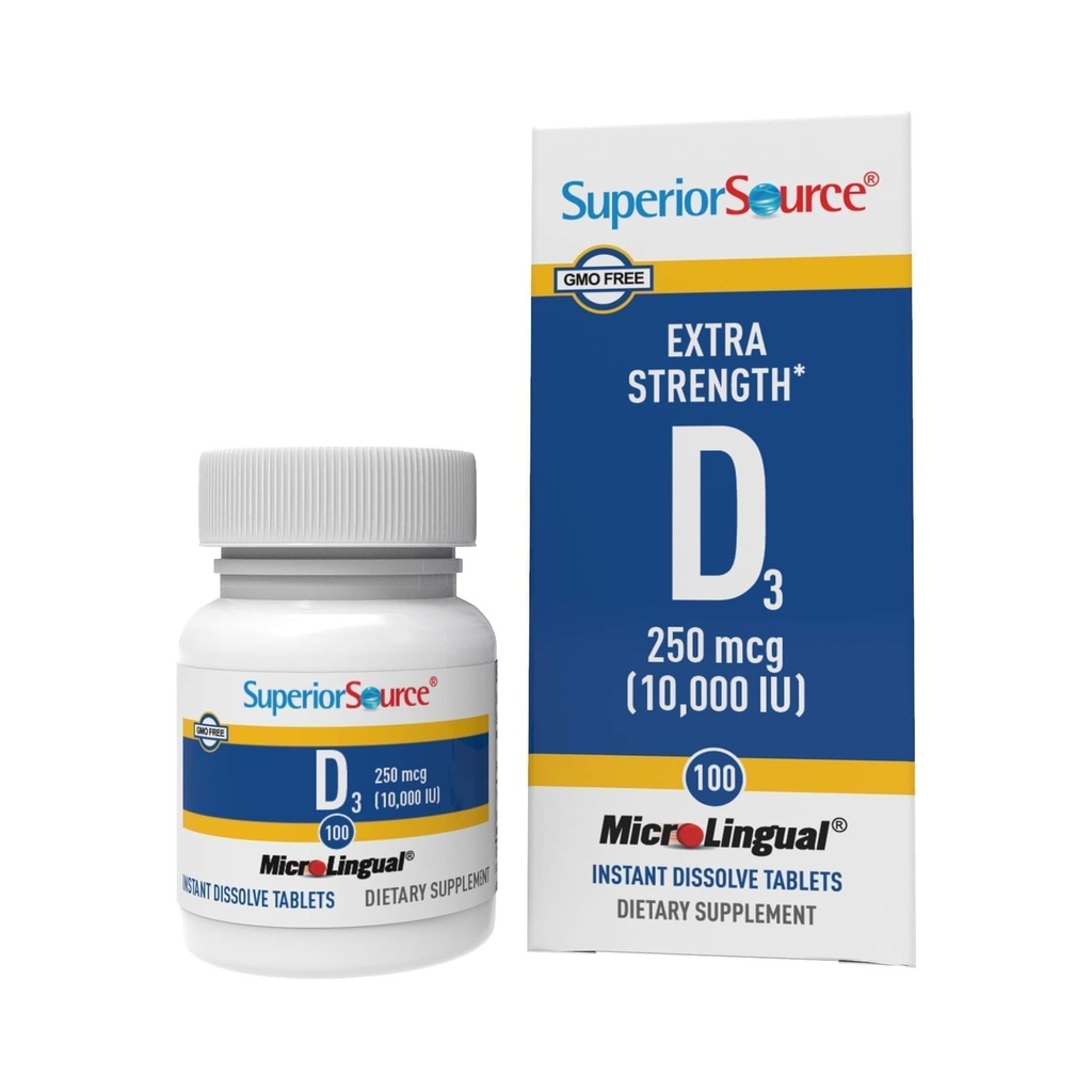Superior Zdroj Vitamín D3 10000 IU, Rýchle rozpúšťanie MicroLingual tablety, 100 Počet, pomáha podporovať silné kosti a zuby, Imunitná podpora, pomáha udržiavať zdravú funkciu svalov, non-GMO