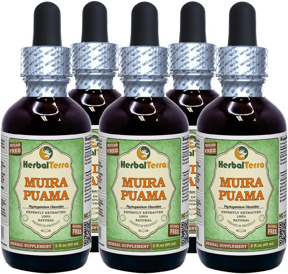 Muira Puama (Ptychopetalum Olacoides) Glycerit, organický tekutý extrakt bez obsahu alkoholu (názov banky: HerbalTerra, hrdo vyrobené v USA) 5x2 fl.oz (5x60 ml)