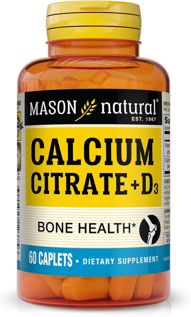 Mason Natural Calcium Citrate Plus vitamín D3, 2 mesiace dodávky, posilňuje svalovú funkciu a zdravie kostí, 60 Caplets
