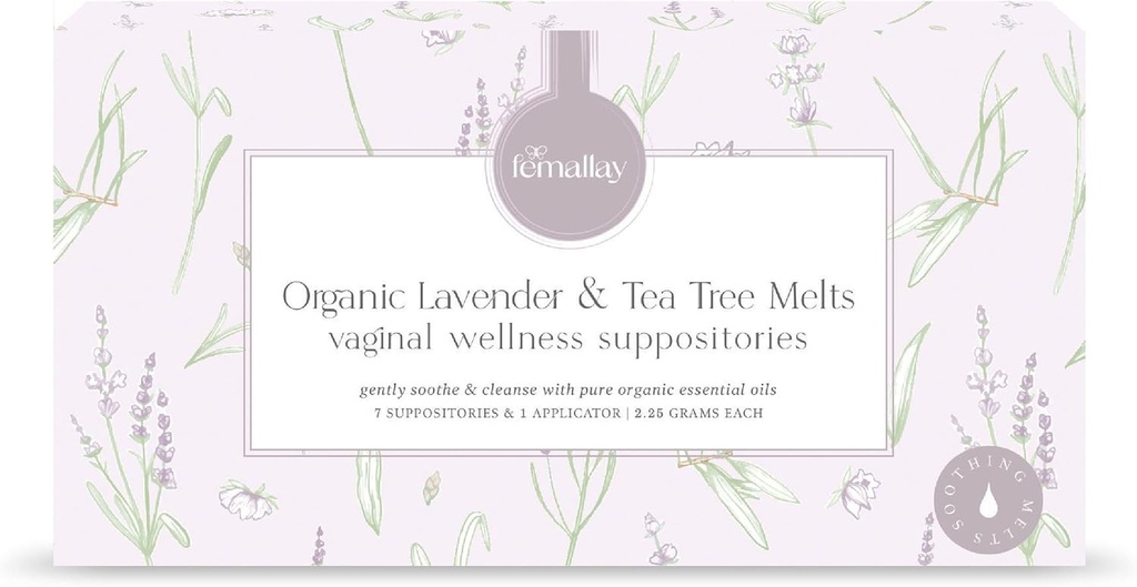 Femallay Organic Lavender and Tea Tree Oil Vaginálne Čistenie Predpoklady pre hygienu, 100% Prírodné Melty pre starostlivosť o Feminine, Skvelé pre sušenie a viac, 7 Individuálne uzavreté Melty + 1 Aplikátor