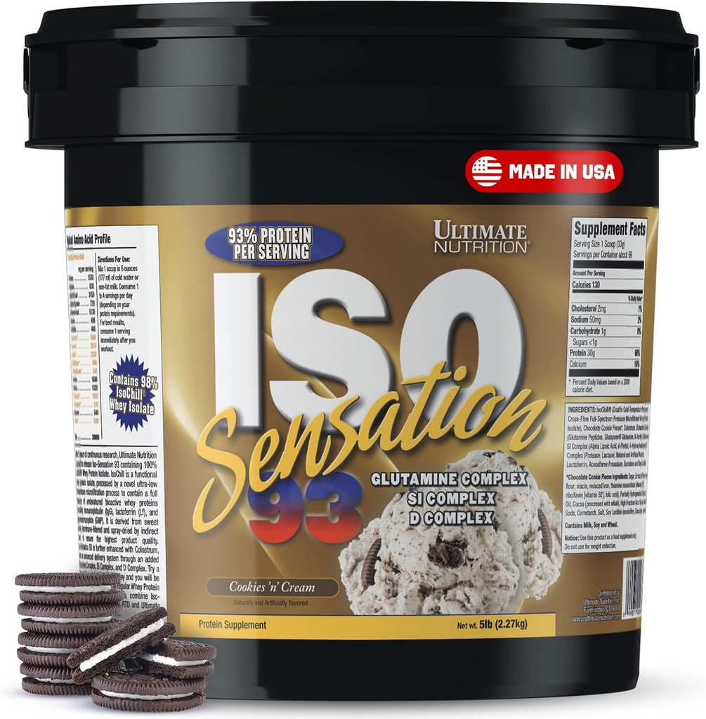 Ultimate Nutrition Srvátka Proteín Izolát prášok s glutamínom komplex, ISO Sensation 93 - Srvátka Proteín prášok s pridaným Colostrum pre lepšie zotavenie, imunita & Gut zdravie - Cookies N krém, 5lbs