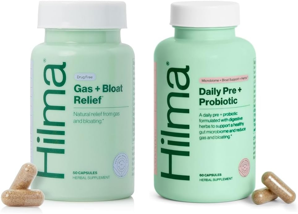 Hilma Healthy Gut & Bloat Support Bundle - Gas & Bloat Relief (50 Vegánskych kapsúl) s citrónovým balzamom, Fenikelom & Peppermint Leaf + Daily Pre & Probiotic with Herbs (60 Vegánskych kapsúl) od Zdravá Gut