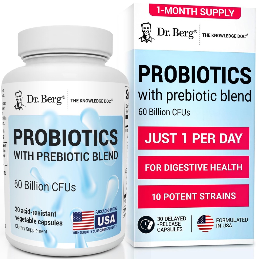 Dr. Berg Probiotic Supplement (60 miliárd CFU) - Pomáha upokojiť príležitostné zápcha, hnačka, plyn & Bloating* - Pre a probiotiká pre Tráviace zdravie - 30 probiotických kapsúl