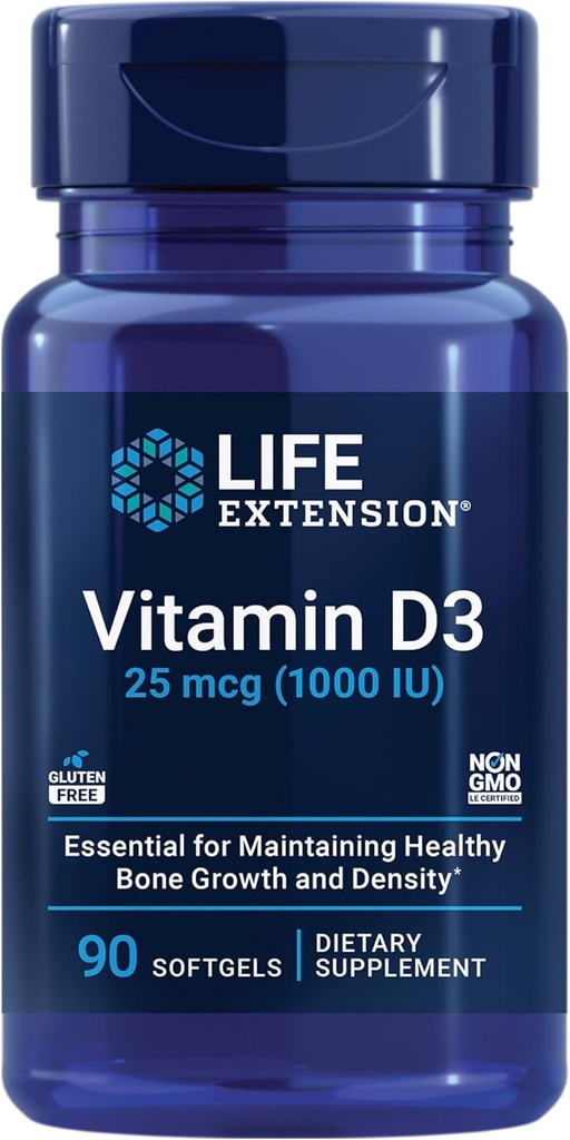 Predĺženie života Vitamín D3 25 mcg (1000 IU), Podpora imunitného systému, zdravie kostí, celobodové zdravie, veľkosť hodnoty, bezlepkové, bez GMO, 90 mäkkých gélov