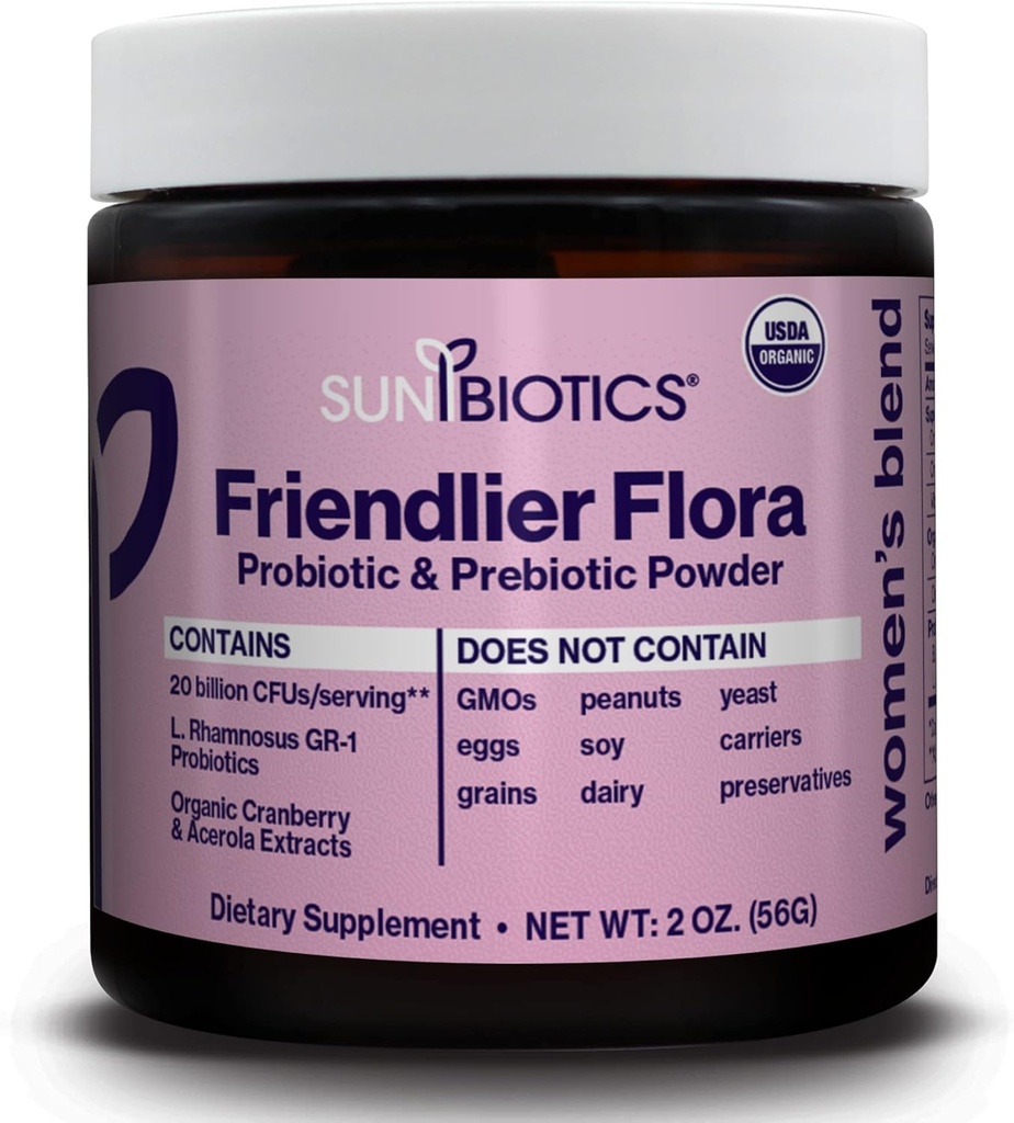 SUNBIOTICS Friendlier Flora - Ženská zmes, 20 miliárd CFU 6 probiotických kmeňov, Ženy Denné trávenie Vaginálne a imunitné zdravie, non-GMO a Gluten bez, 2 Ounce