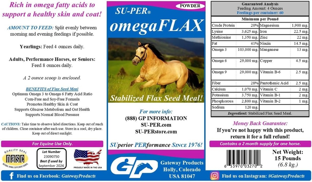 SU-PER OmegaFLAX Ľan pre kone - Premium Stabilizovaný ľanový semenník a Omega 3 doplnok - podporuje zdravú pokožku a kabát - 15 libier