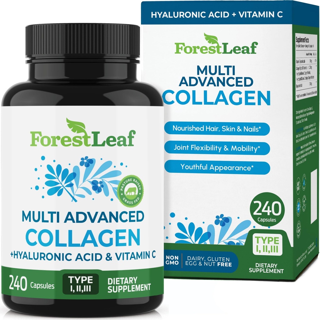 ForestLeaf Multi Collagen Pills - Collagen Muži a kolagén Ženy - Hydrolyzované kolagénové doplnky s vitamínom C a kyselinou hyalurónovou - Kolagénové kapsule pre vlasy, kožu a nechty (240 Peptide Kapsule)