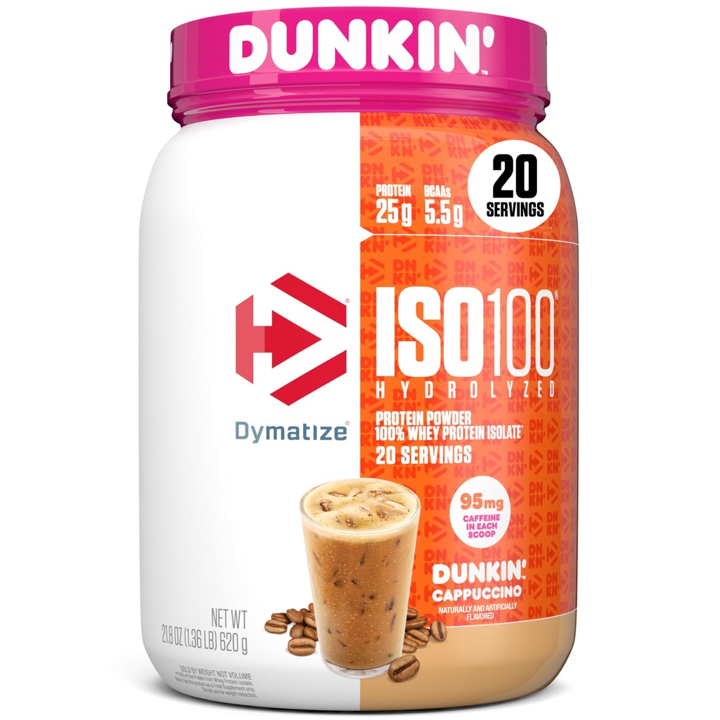 Dymatizovať x Dunkin' Cappuccino ISO100 Srvátkový proteínový prášok, 95 mg kofeínu, 25g proteínu5,5g BCAA, 120 kalov, bez lepku, 1g tuku, 1g cukru, 2g Carb (20 porcií)