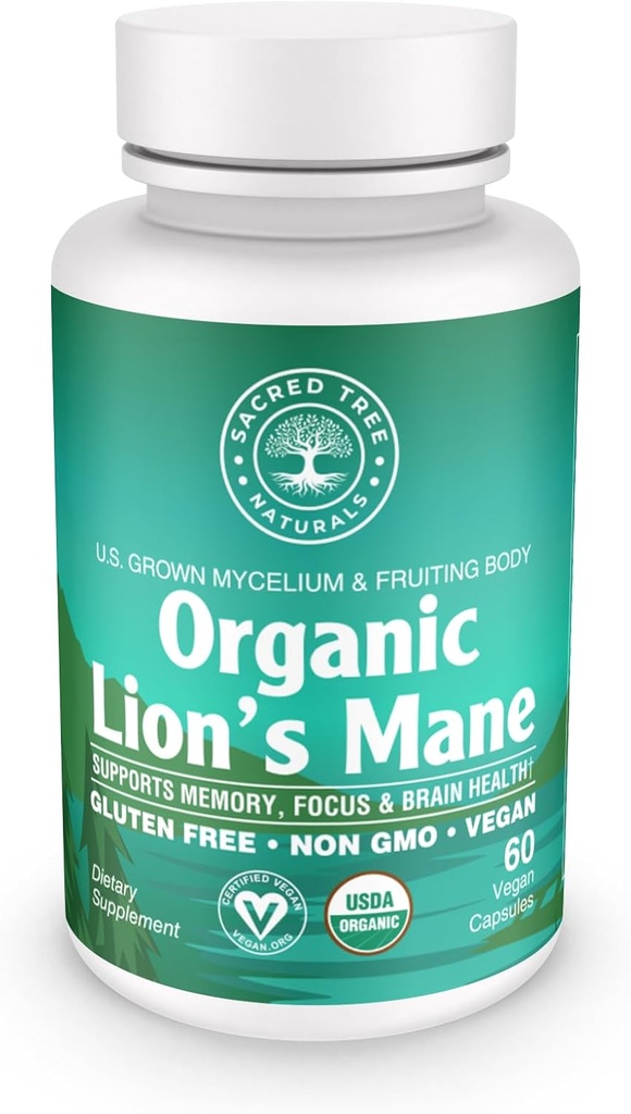 Organic Lion's Mane Mushroom Capsules - 1000mg High Potency - Brain Boost, Focus & Immune Support - Non-GMO, Vegan, 60 Count