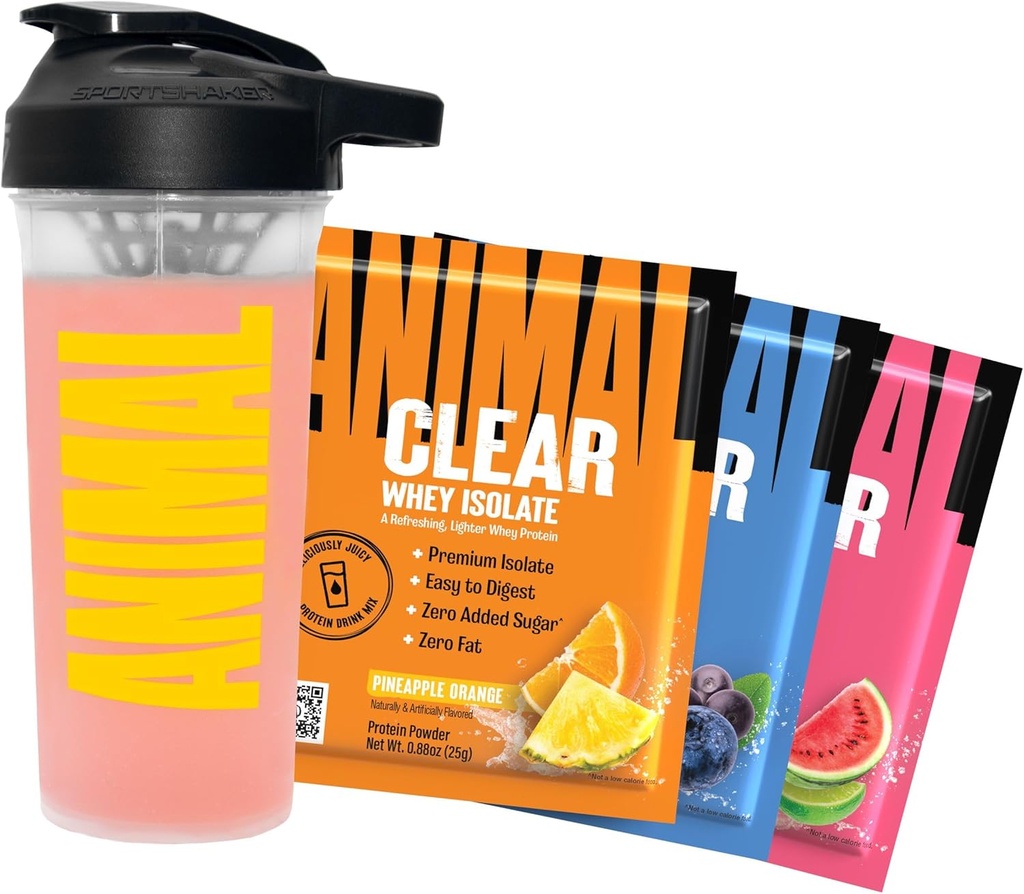 Živočíšna čistá srsť Proteín Izolát Sampleer Pack & Shaker Bottle - Deliciously Juicy 20g Protein, Watermelon Limeade, Blueberry Acai, Ananás Orange, 3 Jedno-Serving Pakets