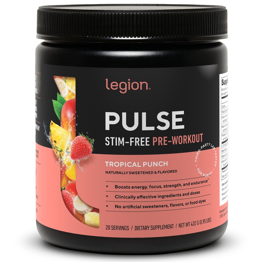 LEGION Pulse pred tréningom doplnok - Všetky prírodné oxidu dusnatého preworkout nápoj na zvýšenie energie, Kreatín bez, prirodzene sladené, Beta alanín, Citrulín, Alpha GPC (Caffeine Free Tropical Punch)