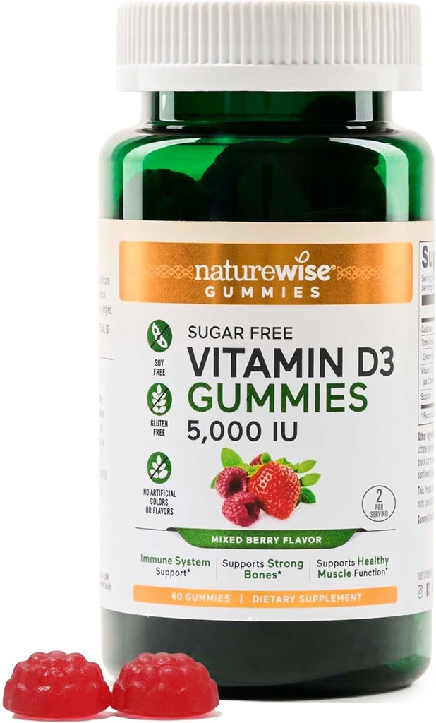NatureWise vitamín D3 5000 IU Gummy - bez cukru zmiešané Berry chuť - vitamín D Gumies pre dospelých, podporuje odolnosť, svalová a kostná sila - želatína-bez, bez GMO- 60 Gummy[1-Mesiac dodávky]