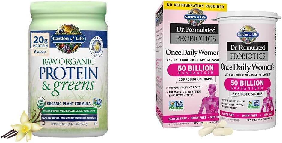 Záhrada života Raw Organic Protein & Greens Vanilla - Vegan Protein Powder for Women & Dr. Formulované Dámske probiotiká Raz denne, 16 kmeňov, 50 miliárd, 30 Počet