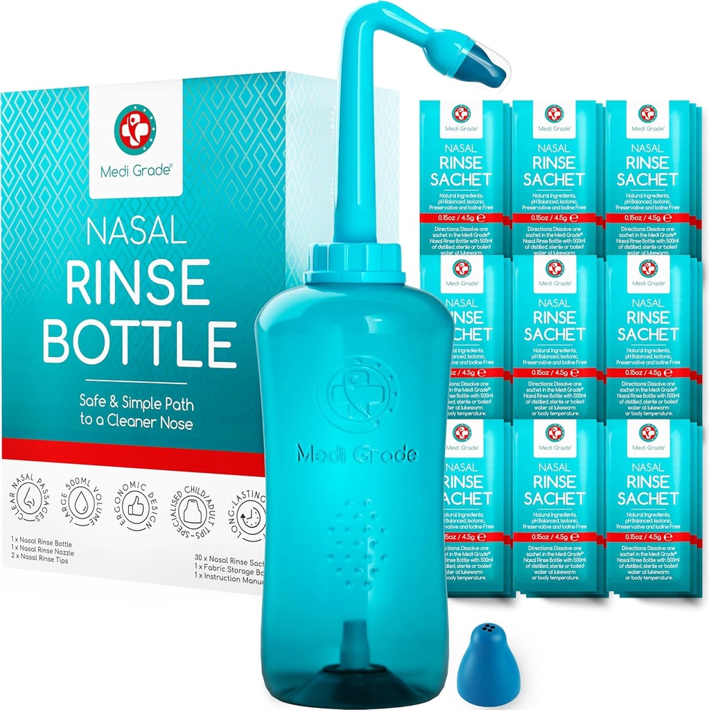 Medi Grade Sinus Rinse fľaša, 500ml s 30 Sinus Rinse pakety - Kompletný nosový zavlažovanie systém - Neti Pot Nos Čistič - Nosové umývacie súpravy pre domov alebo cestovanie - 2 nosal Rinse Tipy a skladovanie tašky