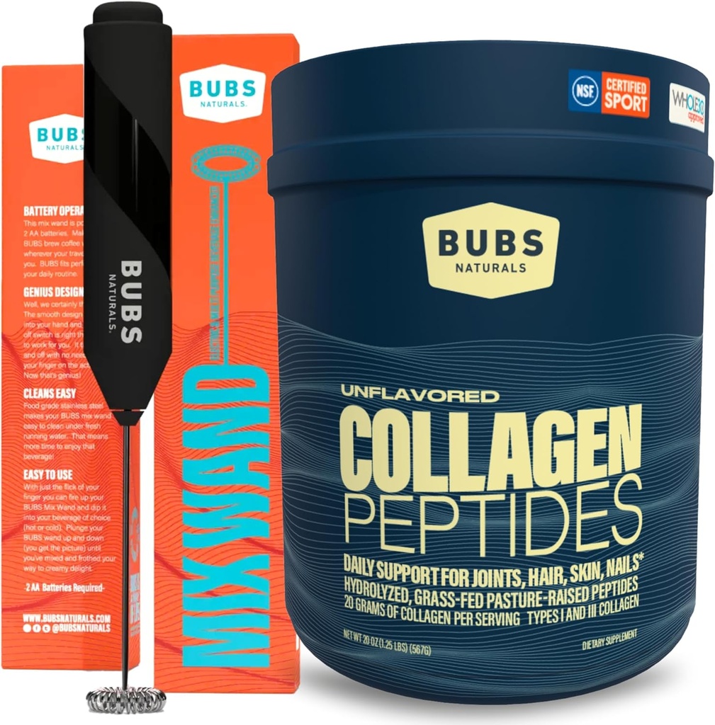 BUBS Naturals Collagen Peptides Powder & Mixing Wand Bundle, Collagen for Women & Men, Hydrolyzed Peptides, Neochutená pasta zvýšil trávu Fed, Keto Friendly, 20 oz Collagen Tub (28 Servings) +1 Wand