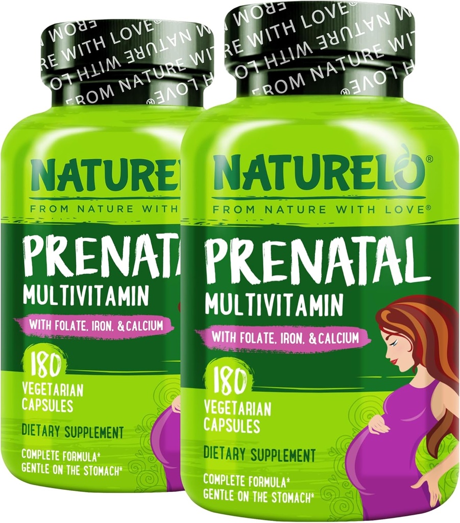 NATURELO Prenatálny multivitamín s jemným obsahom železa, metylfolátu, rastlinného vápnika a cholínu - Vegan, Vegetarián - Non-GMO - bezlepok - 180 kapsúl - 4 mesiace (Stock of 2)